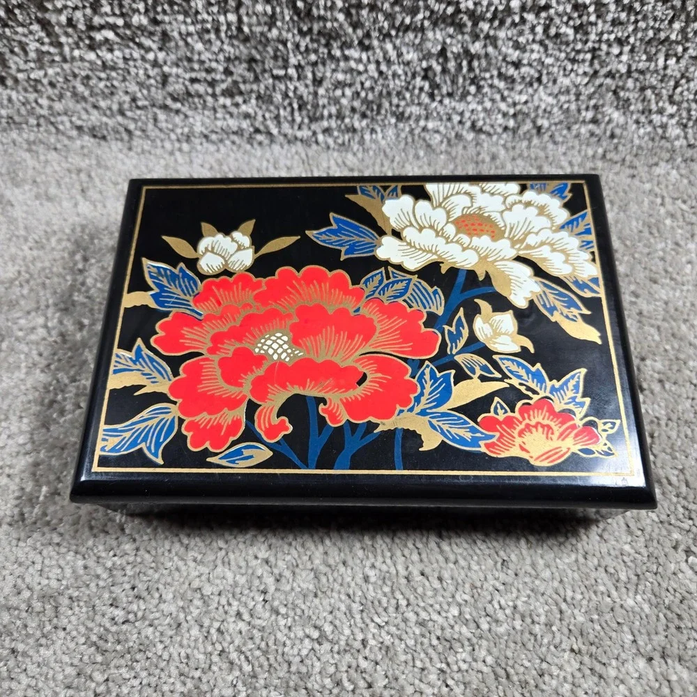 Jewelry Box Black Floral Peony Mirror Red Lining Organizer Vanity